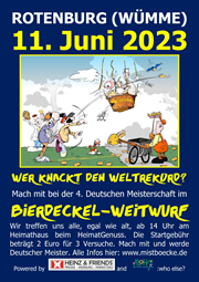 Mistböcke und Mistbienen veranstalten die 4. Deutsche Meisterschaft im Bierdeckel-Weitwurf am 11. Juni 2023 in Rotenburg (Wümme) am Heimathaus beim HeimatGenuss